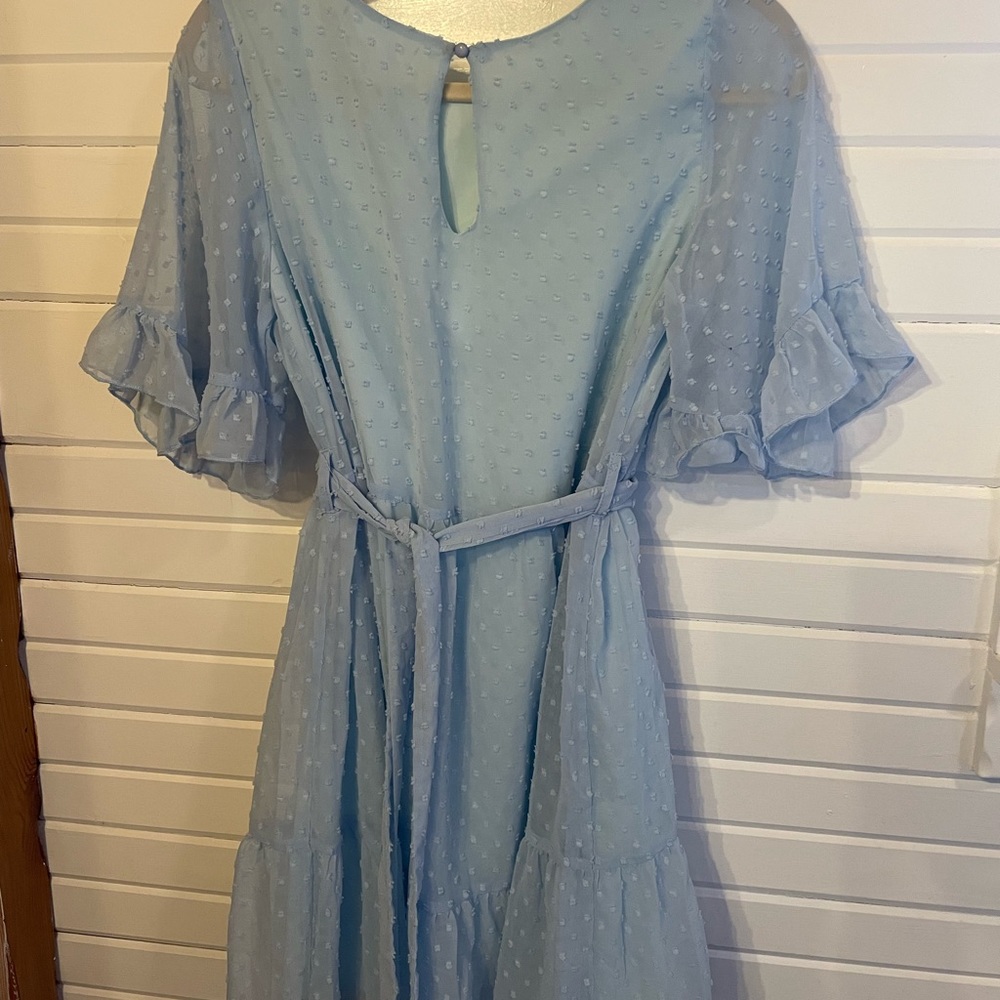 Women Dress Bell Short Sleeve Crew Neck Swiss Dot Chiffon A Line Belt Blue Med - Picture 5 of 7